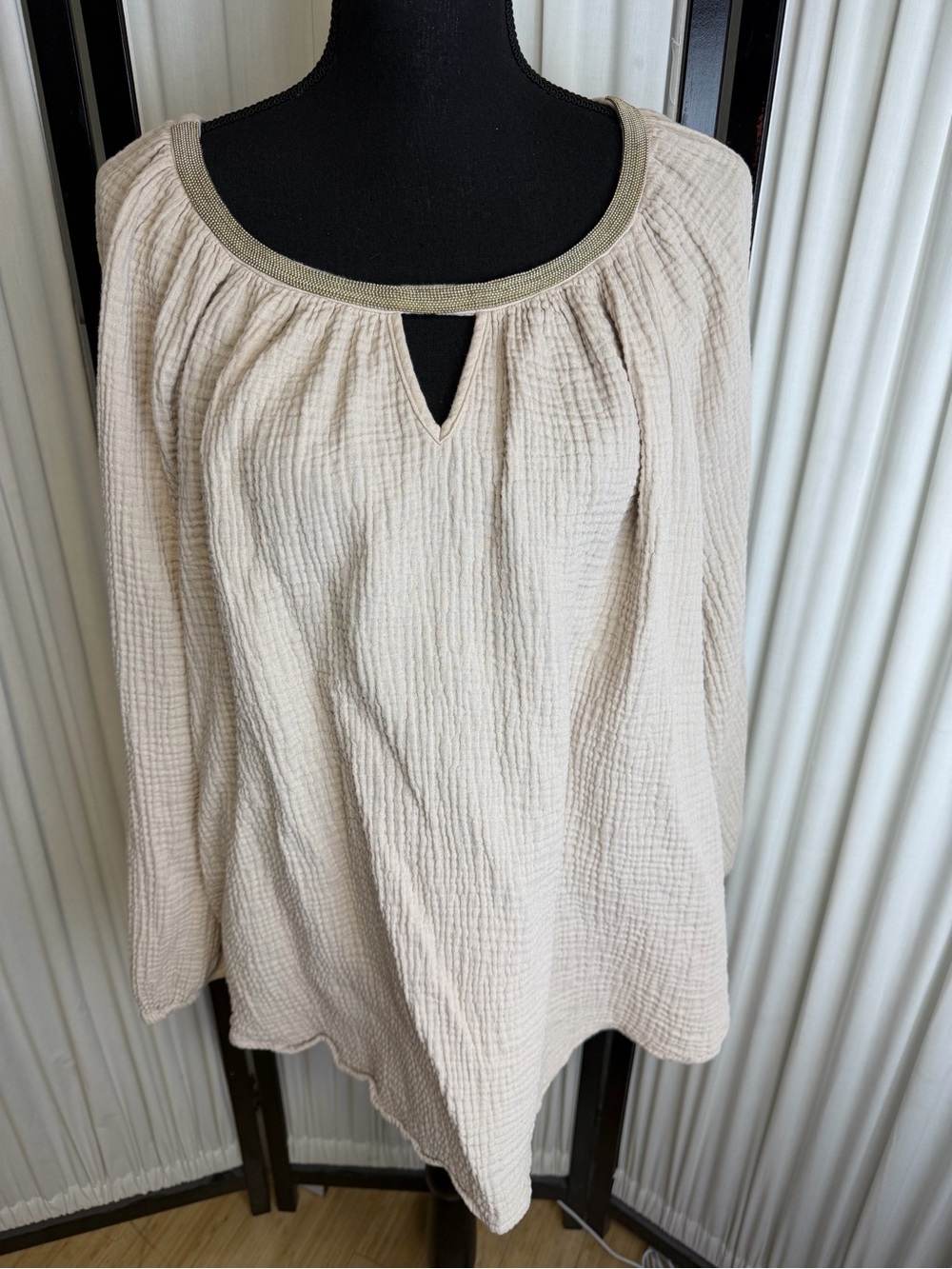Women’s Cream Long-Sleeve Peasant Top with ornate neck detail 3X